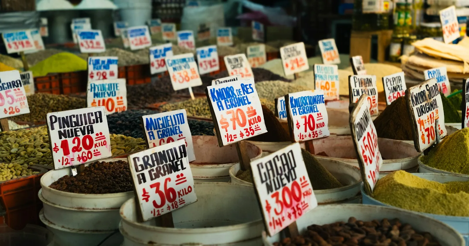 Open tubs of spices, dried chiles, grains and cacao beans at a market stall, each with a handwritten sign giving its price by the kilo.