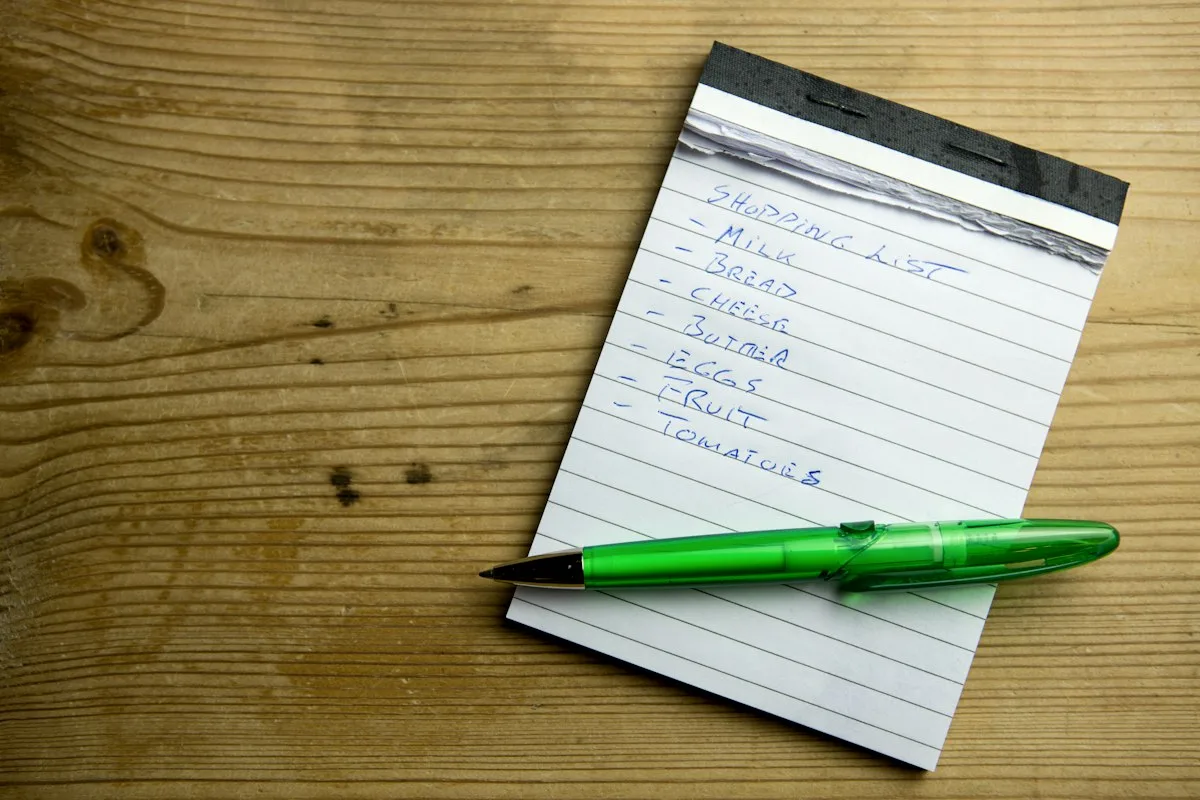 A handwritten shopping list on a notepad.
